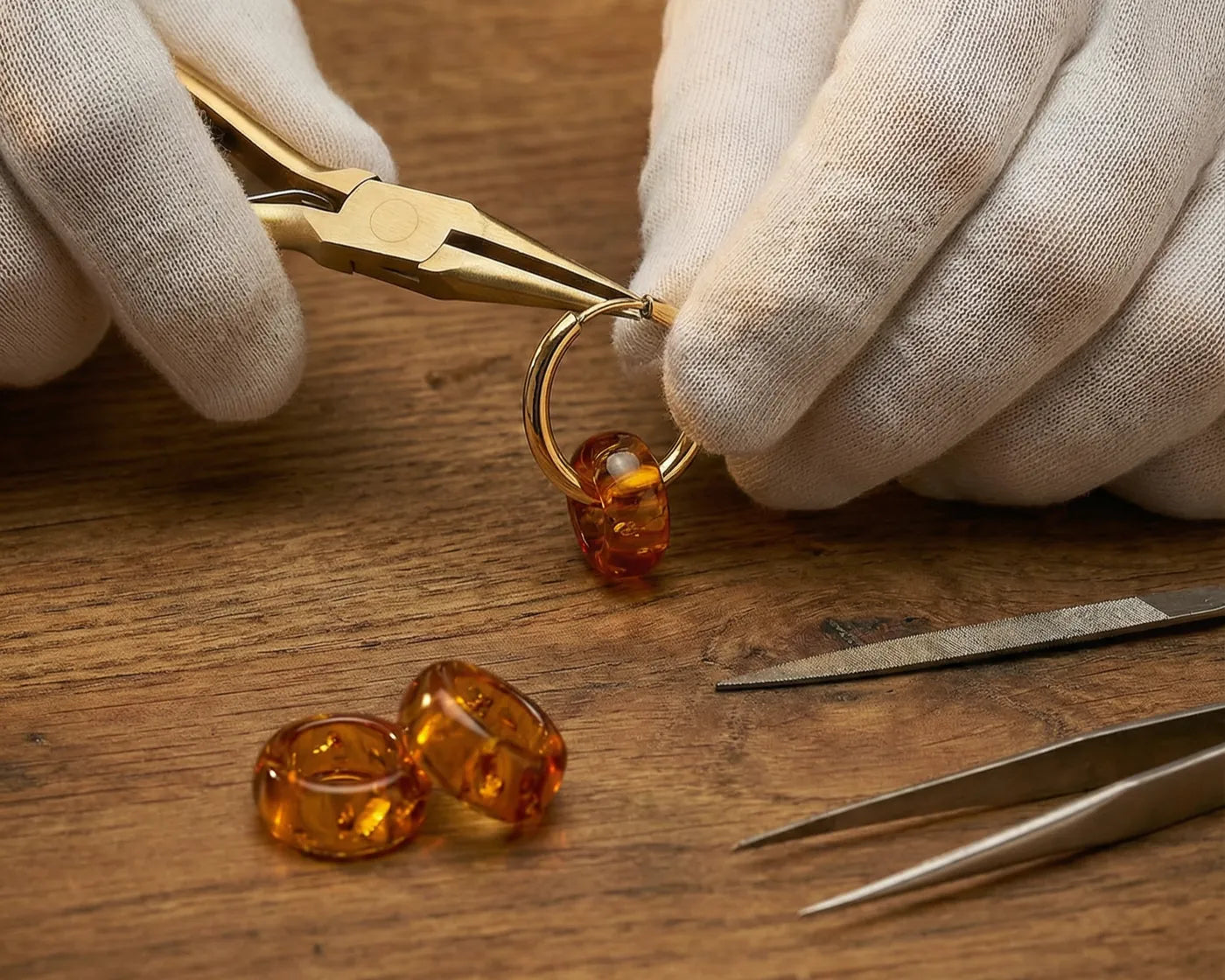 Gloved hands setting an amber bead onto a gold ring with pliers, with loose amber beads and tweezers on a wooden bench