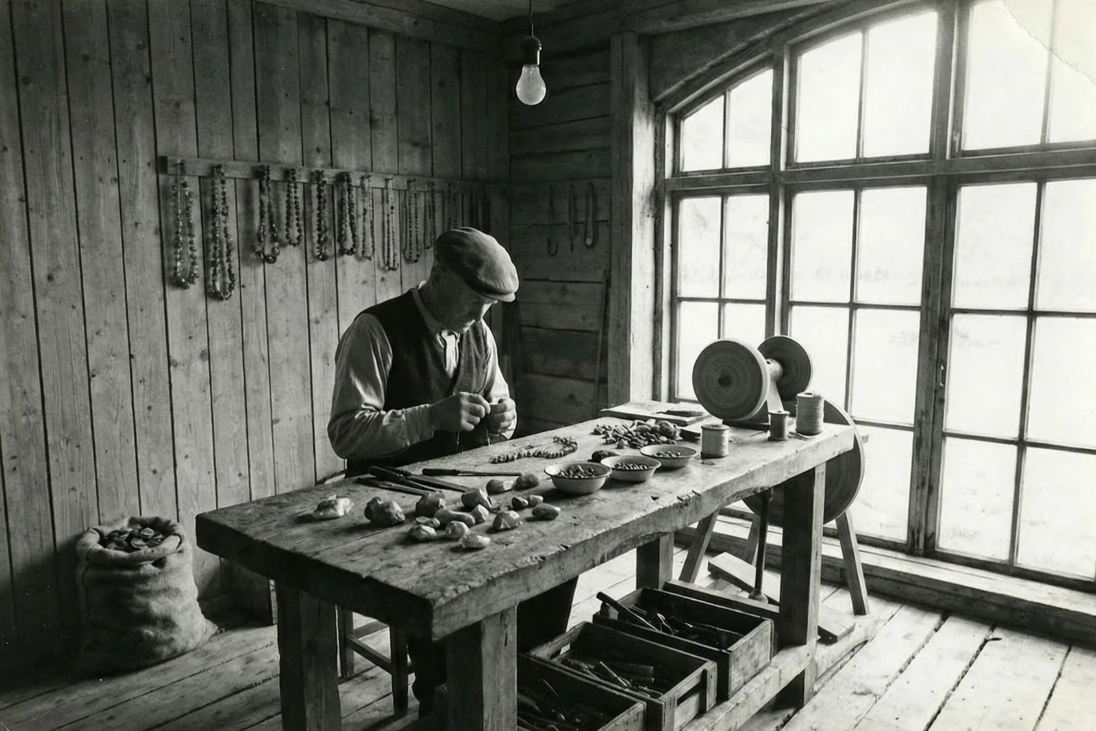 Black and white photo of a craftsman shaping amber at a workbench beside a tall window