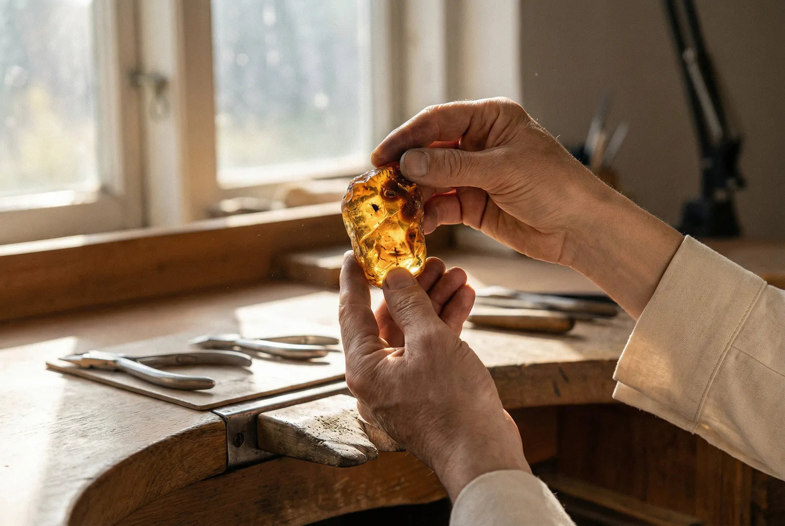 Jeweller's hands holding a rough piece of amber at a workbench in soft window light