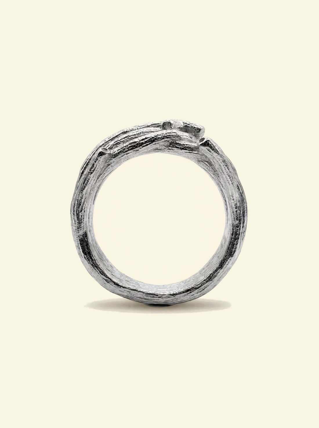 Oak Ring, silver-tone ring standing upright, edge-on view of the textured band