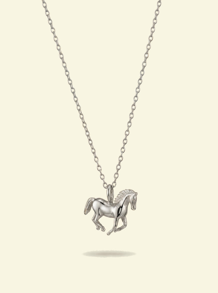 Stallion Pendant, silver-tone galloping horse pendant on a fine cable chain, front view