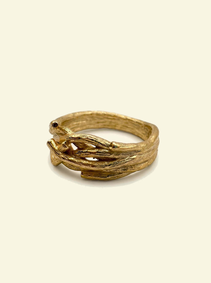 Oak Ring, gold-tone band of intertwined twig-textured branches, 3/4 view