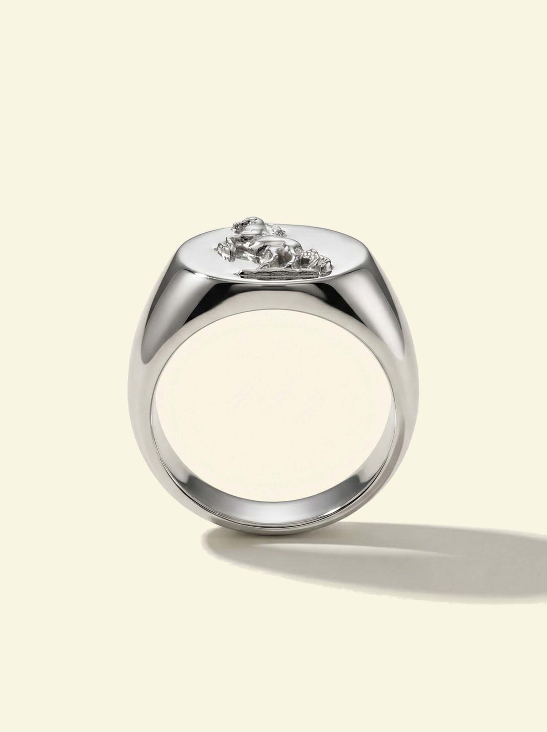 Stallion Signet, silver-tone signet ring standing upright, side profile with the horse relief small on top
