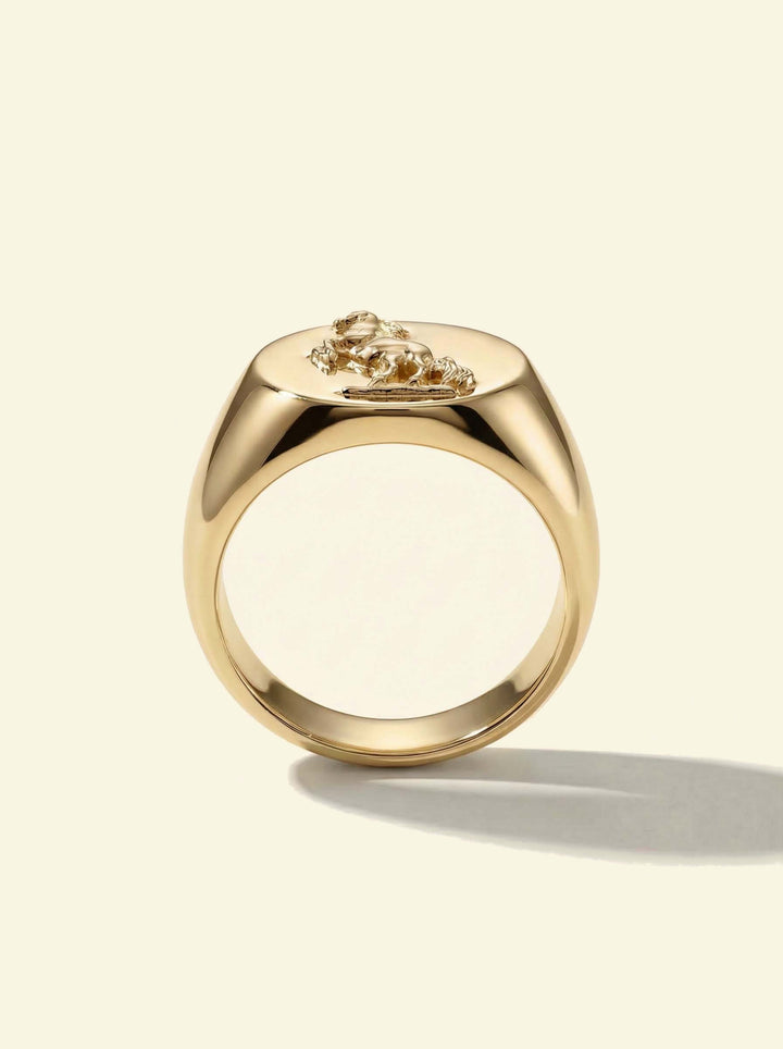 Stallion Signet, gold-tone signet ring standing upright, side profile with the horse relief small on top