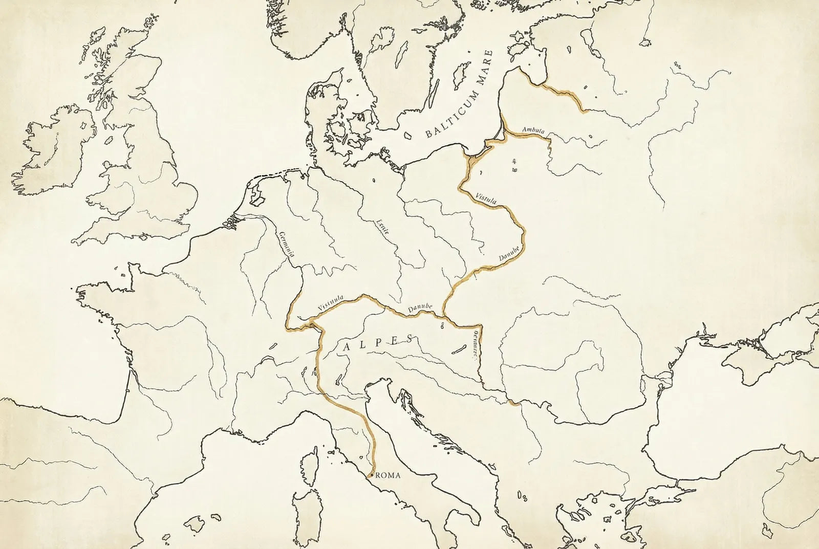 Antique sepia map of Europe showing the historic amber trade routes from the Baltic coast