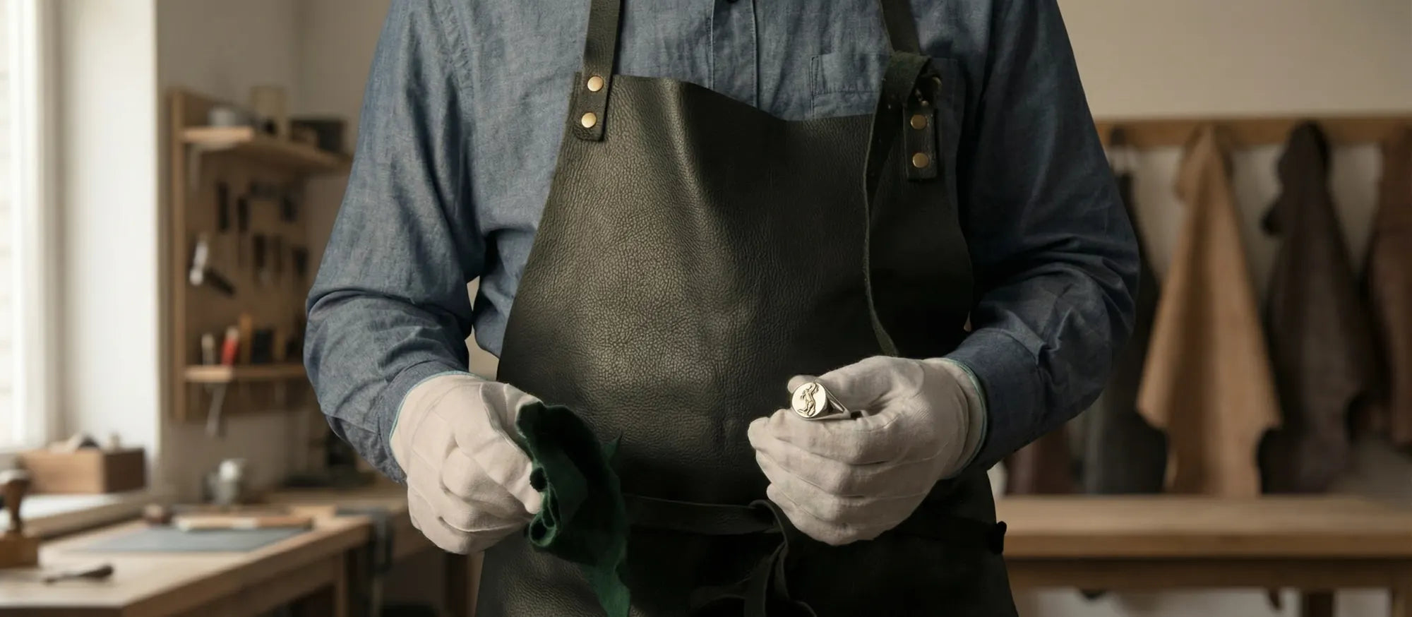 Craftsman in a leather apron and white gloves holding a silver signet ring