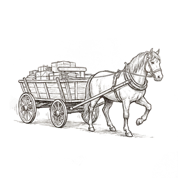 Pen drawing of a horse pulling a cart